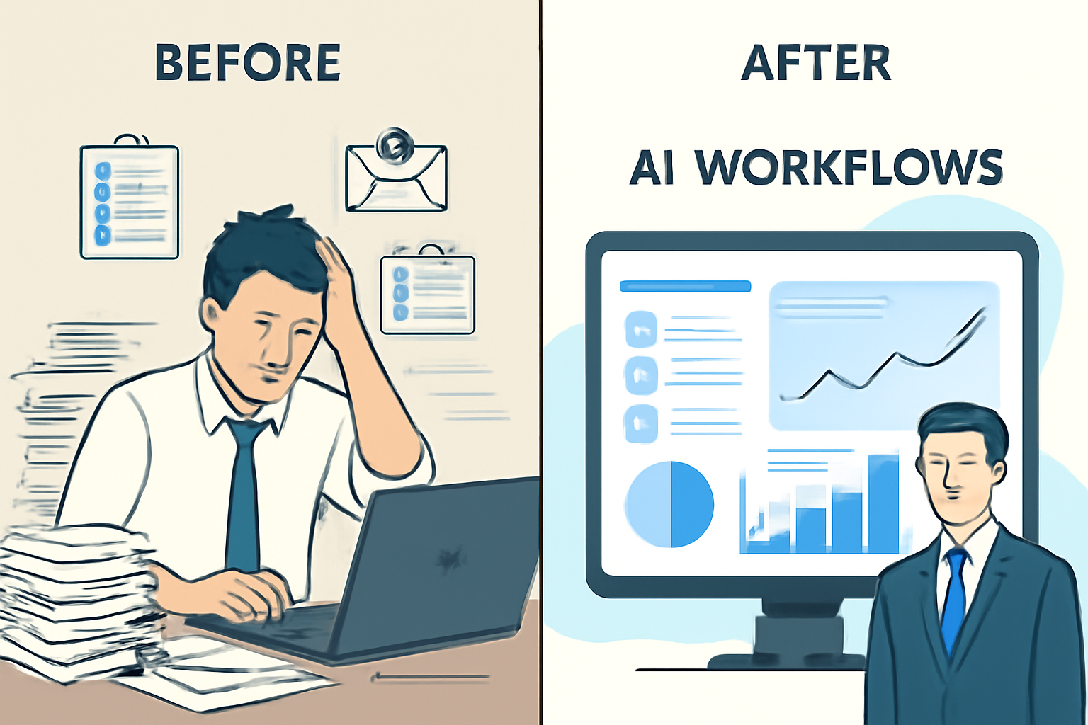 Comparison of manual business processes versus AI automation efficiency
