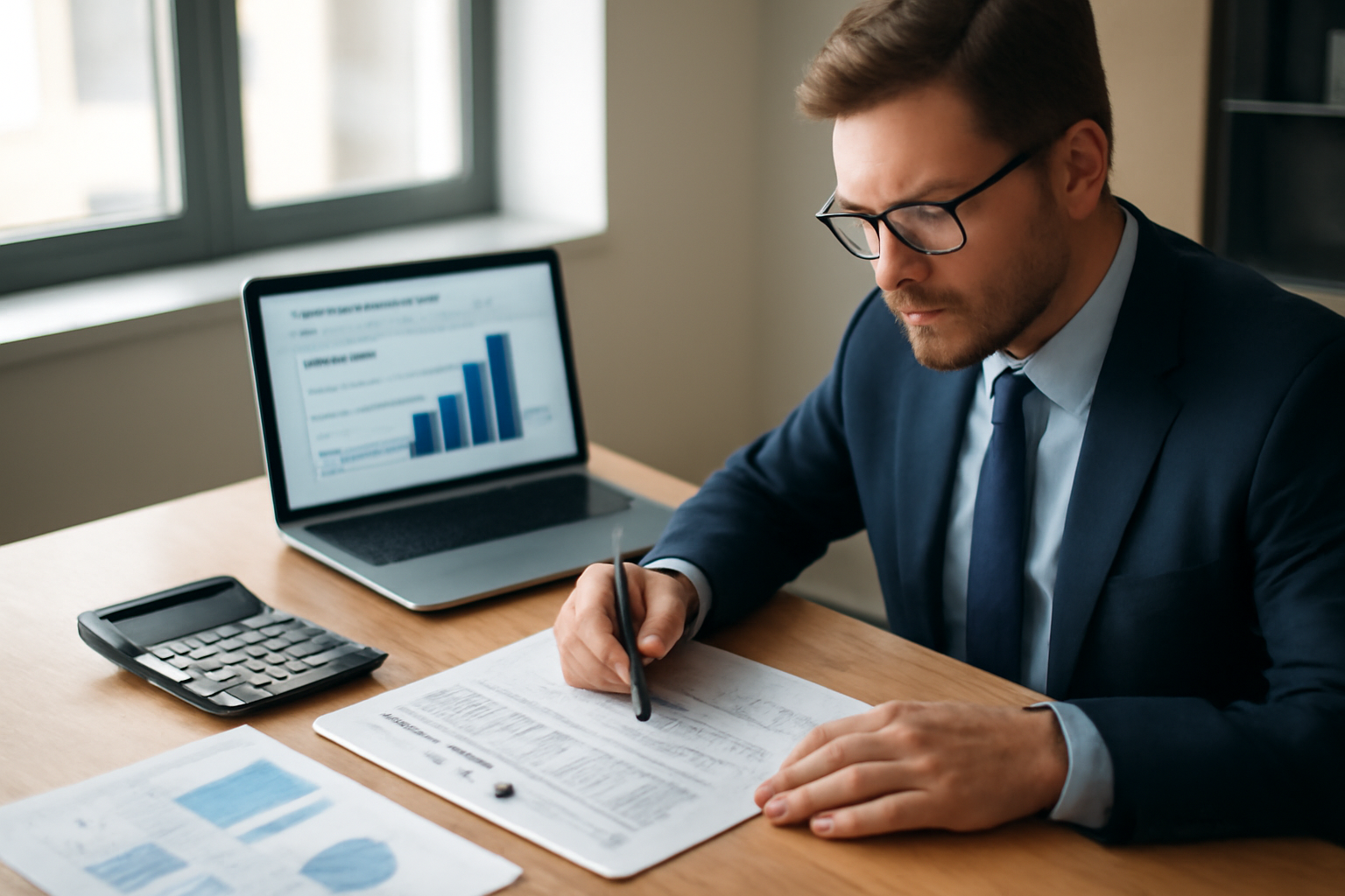 Financial analyst calculating AI project ROI with spreadsheets and data
