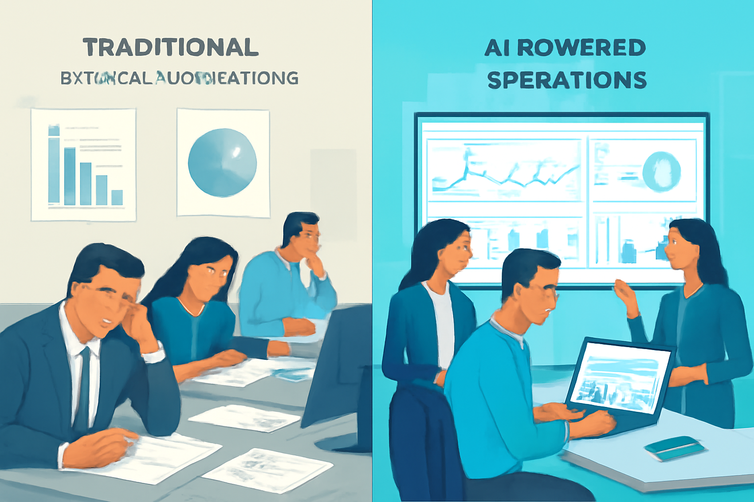 Comparison of traditional business processes versus AI-powered automation