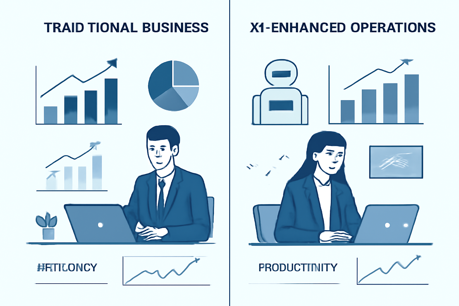 Comparison of traditional business processes versus AI-enhanced operations