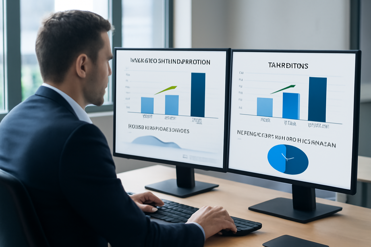 Analyst reviewing AI implementation metrics and KPIs on computer screens